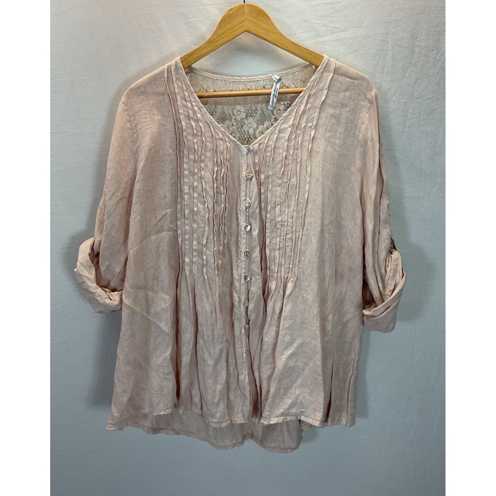 Martina Innocenti  Italy Top Size 2X Pink‎ Button Up 3/4 roll tab crochet Linen